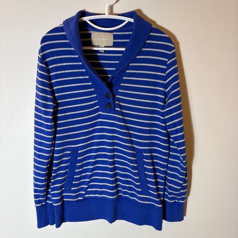Banana‎ Republic Blue Stripe Shawl Collar Pullover Sweatshirt Size Medium